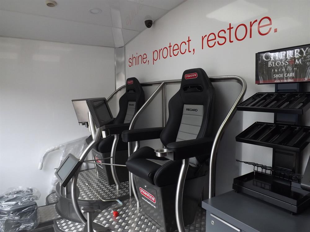 Shoeshine booth fitted with RECARO Speed seats, supplied and upholstered by Capital Seating